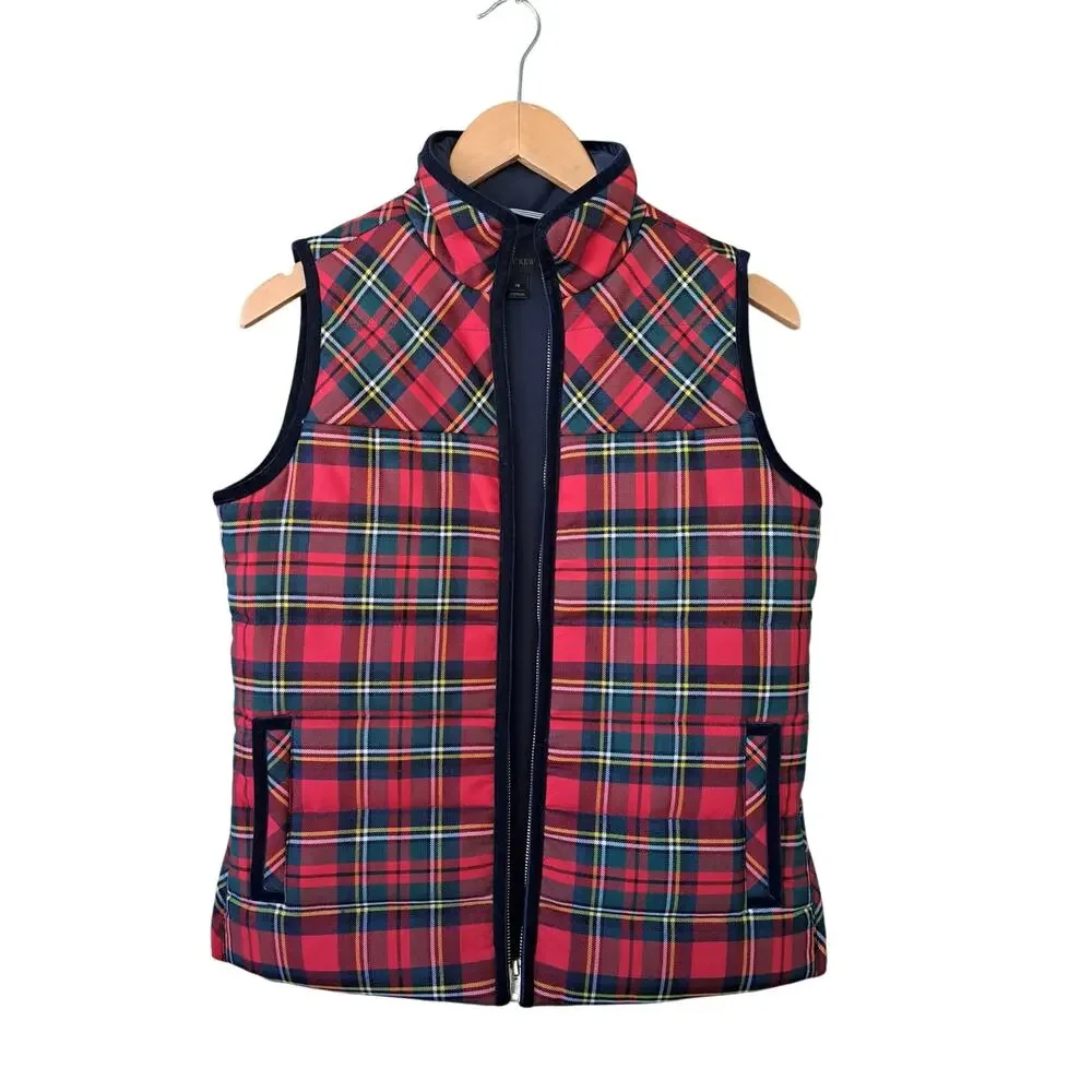J.Crew Tartan Mountain Quilted Puffer Vest Size XS Red Green Navy Preppy Holiday
